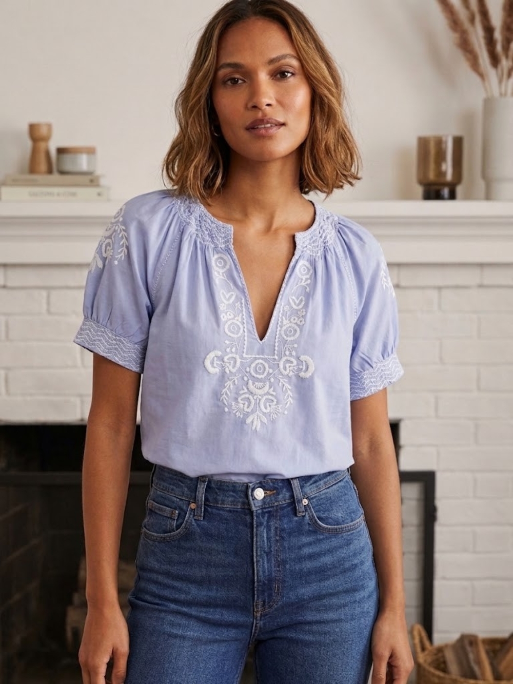 J. Crew Lavender Embroidered V-Neck Peasant Top